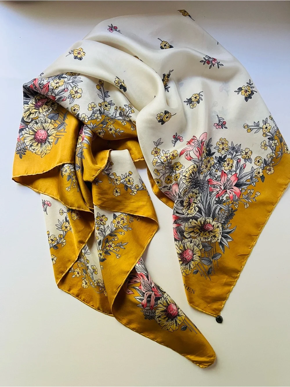 Pure silk scarf made in Italy with delicate florals and a rare circle metal clip